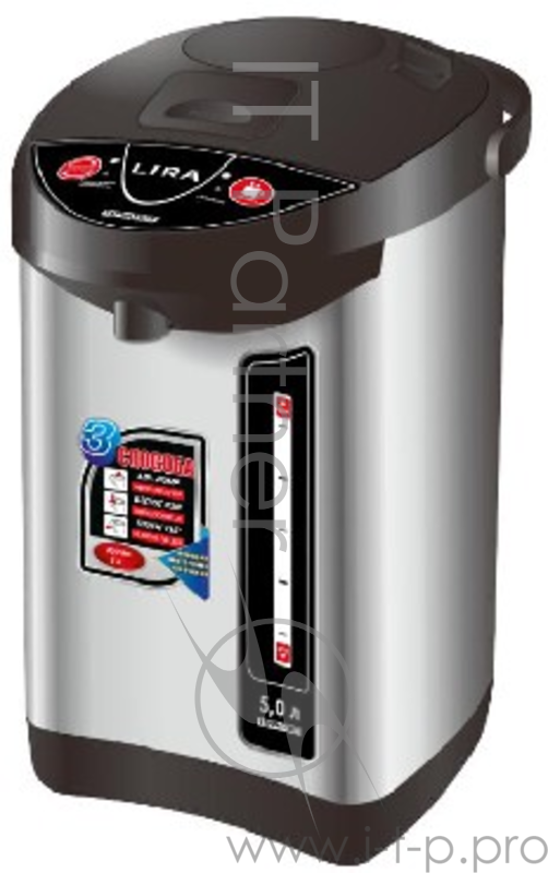 Термопот LIRA LR 0402 нержавеющая сталь объем 5,0 л, мощность 800 Вт, 220В/50Гц, корпус и колба из нержавеющей стали, 3 способа подачи воды: при нажатии чашкой на клапан, с помощью насоса, с помощью электропомпы, Функция повторного кипячения, Ручка д