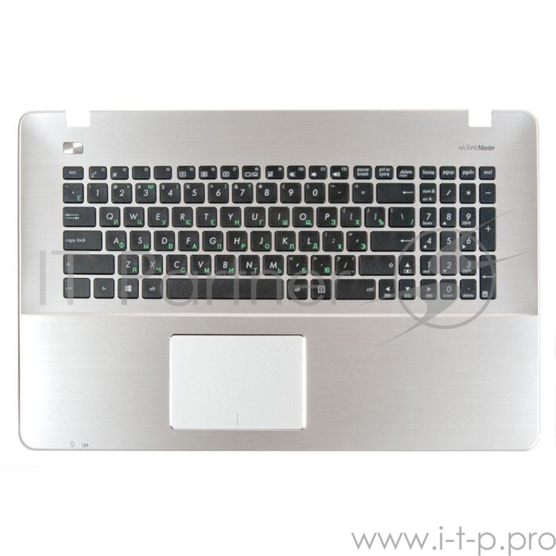клавиатура для ноутбука Asus X751LX-3C с топкейсом, серебристая панель, черные кнопки, с тачпадом