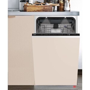 Встраиваемые посудомоечные машины BEKO DIS48130 / Ширина: 45см Инверторный двигатель 3я корзина Дополнительное нижнее коромысло SideWash Автоматическое открытие дверцы после завершения цикла мойки LCD дисплей 8 программ м