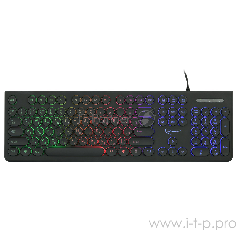 Клавиатура с подсветкой Gembird KB-240L, USB, черный, 104 клавиши, подсветка Rainbow, круглые клавиши, кабель 1.5м