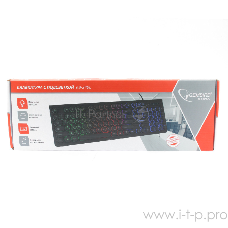 Клавиатура с подсветкой Gembird KB-240L, USB, черный, 104 клавиши, подсветка Rainbow, круглые клавиши, кабель 1.5м