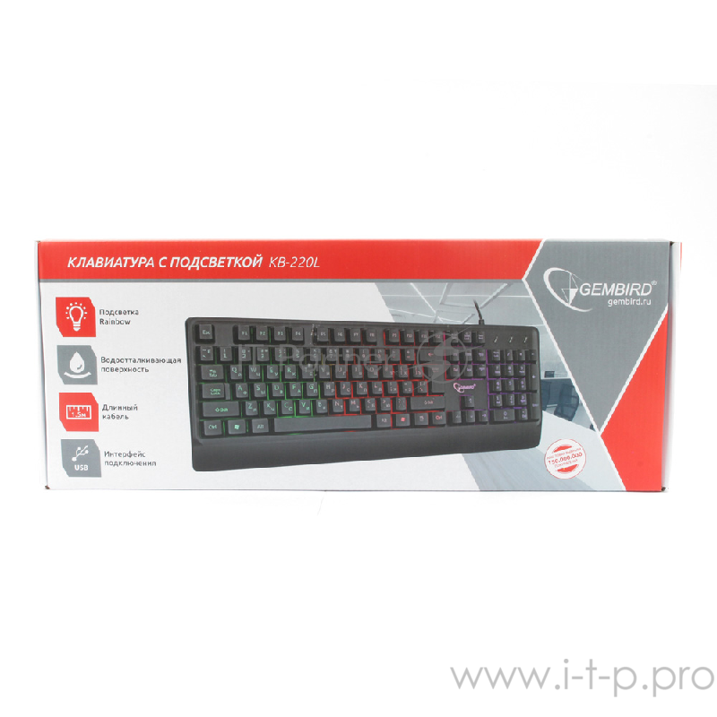 Клавиатура с подсветкой Gembird KB-250L, USB, черный, 104 клавиши, подсветка Rainbow, шоколадный тип клавиш, кабель 1.5м