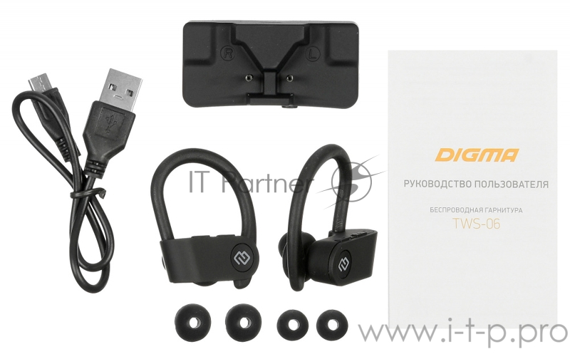 Гарнитура вкладыши Digma TWS-06 черный беспроводные bluetooth (крепление за ухом)