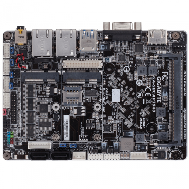 GA-SBCAP3940, Intel® Atom® x5 (1.6 GHz), 1xDDR3-1866 SO-DIMM, D-SUB+HDMI+LVDS, 2xMiniPCIex1, 2xSATA3, 1xMSATA, 2 Ch Audio, 2xGLan, (0+4)xUSB2.0, (2+0)xUSB3.1, SBC, RTL {10}