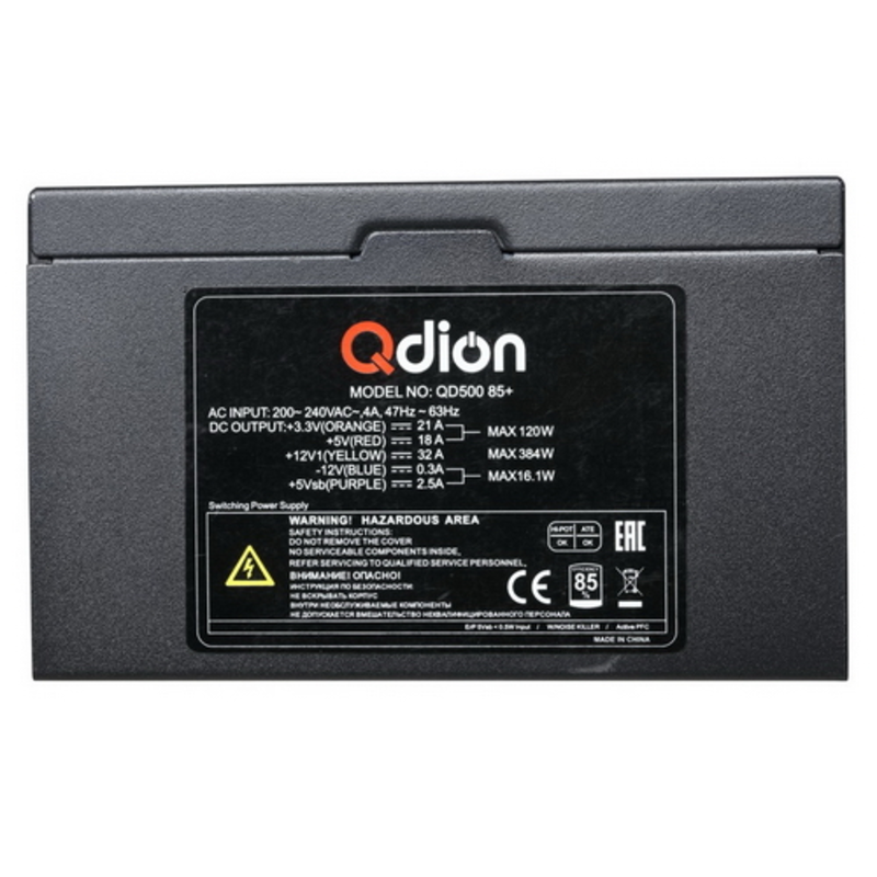 Блок питания QD500 85+ ATX QD500 85+,500W 85+ real,12cm fan, 24+4pin, CPU4+4,PCI-E 6+2pin,5*sata,3*molex,1*fdd pin, input 230V, I/O switch,without power cord