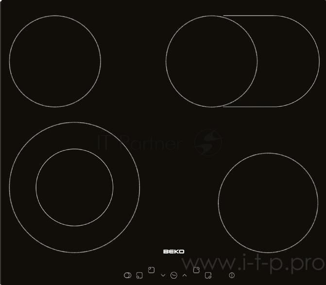 Встраиваемая варочная панель BEKO HIC64403T/ Стеклокерамическая поверхность: 4 зоны нагрева (1 двойная + 1 расширенная). LED Display. Сенсорное управление спереди. 9 уровней нагрева. Tаймер. Индикатор остаточного тепла. Блокир