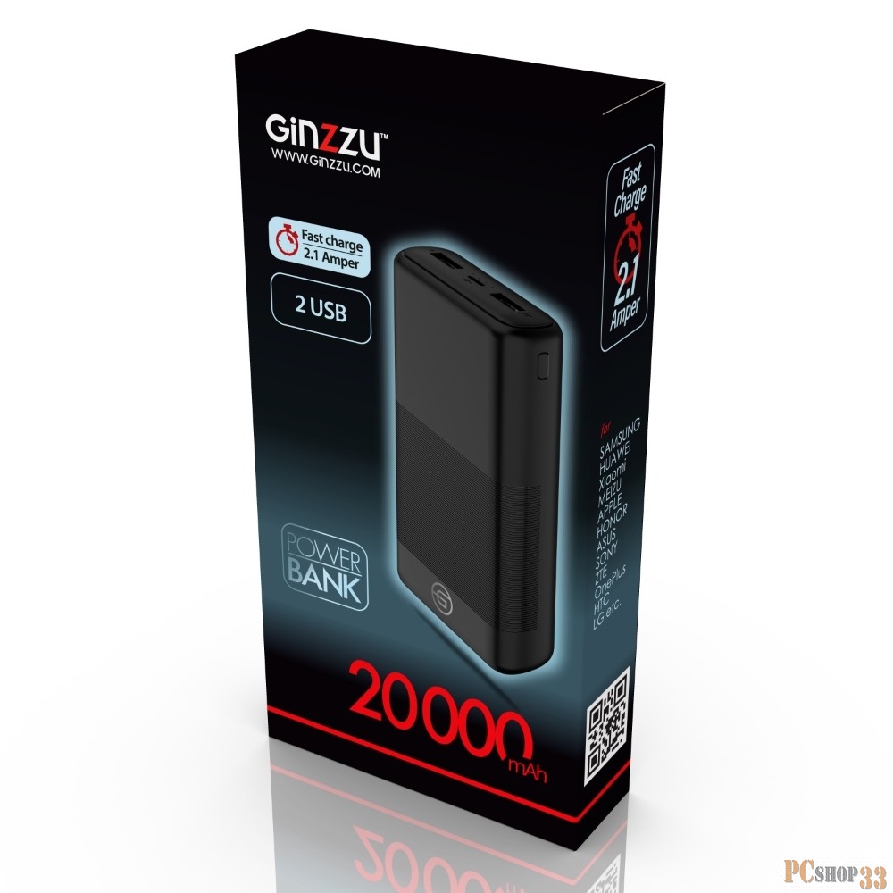 Ginzzu Внеш. аккумул. 20,0Ah/5V/2.1A/2USB, черный (GB-3922B)