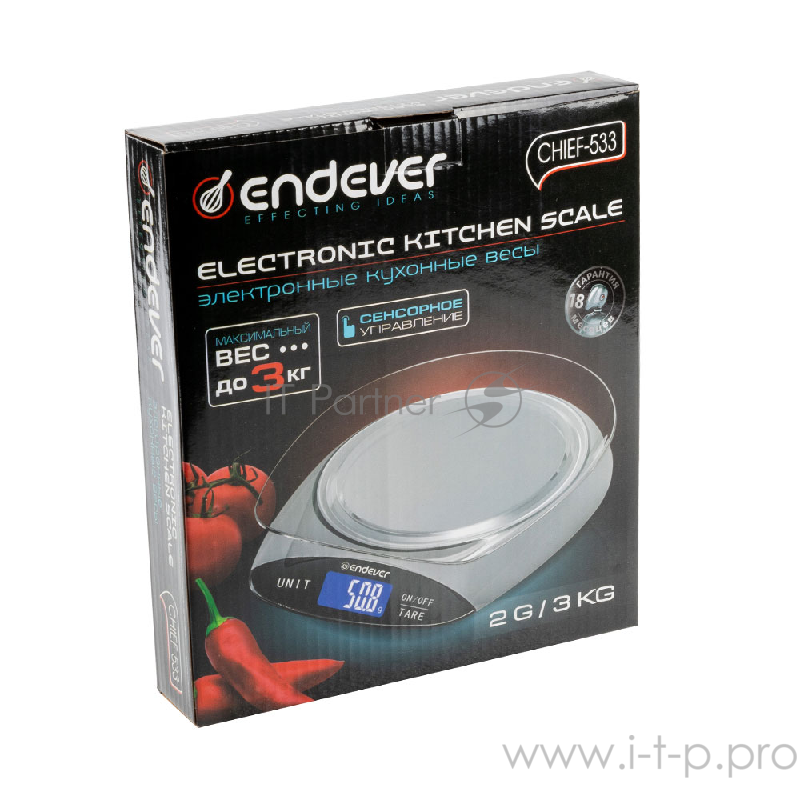 533-Chief Электронные кухонные весы Endever Вес от 2г- до 5 кг, Цена деления - 1 г, сенсорное управл