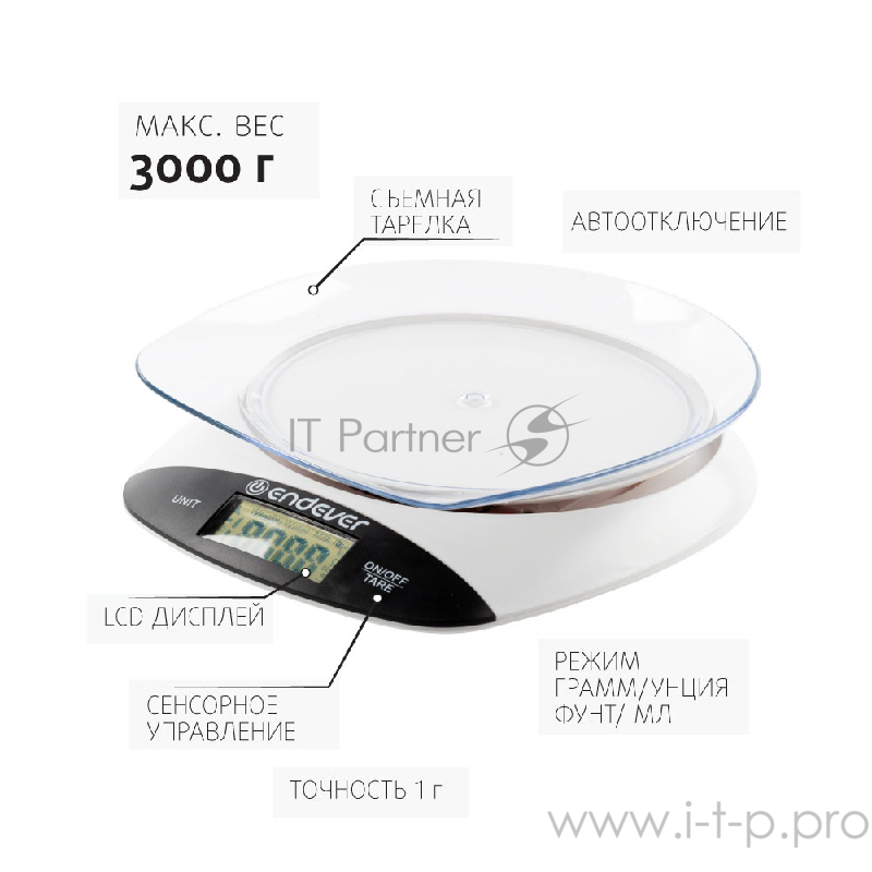 533-Chief Электронные кухонные весы Endever Вес от 2г- до 5 кг, Цена деления - 1 г, сенсорное управл