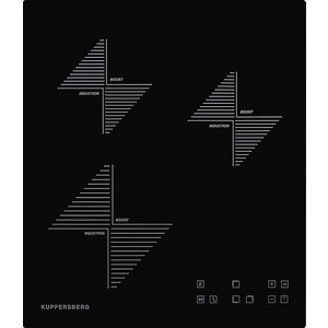 Индукционная варочная поверхность Kuppersberg Индукционная варочная поверхность стеклокерамическая,ширина 45 см, 2 зоны 1,3 кВт(BOOSTER 1,5 кВт), 1 зона 2 кВт(BOOSTER 2,2 кВт),электронное сенсорное управление, 4 цифровых дисплев, 9 уровней мощности,