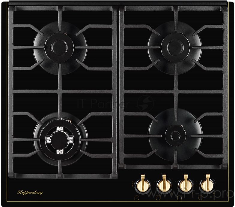 Газовая варочная поверхность Kuppersberg FQ 602 B , закаленное стекло, ширина 60 см, 4 газовые конфорки, WOK конфорка(2,5 кВт), автоподжиг, газ-контроль, чугунные решетки, цвет чёрный /поворотные переключатели цвета бронзы