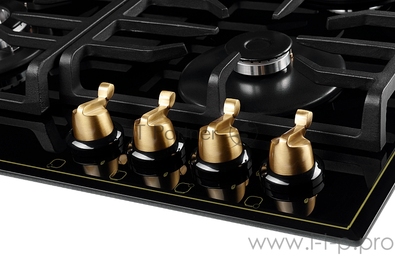 Газовая варочная поверхность Kuppersberg FQ 602 B , закаленное стекло, ширина 60 см, 4 газовые конфорки, WOK конфорка(2,5 кВт), автоподжиг, газ-контроль, чугунные решетки, цвет чёрный /поворотные переключатели цвета бронзы