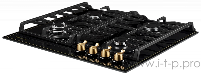Газовая варочная поверхность Kuppersberg FQ 602 B , закаленное стекло, ширина 60 см, 4 газовые конфорки, WOK конфорка(2,5 кВт), автоподжиг, газ-контроль, чугунные решетки, цвет чёрный /поворотные переключатели цвета бронзы
