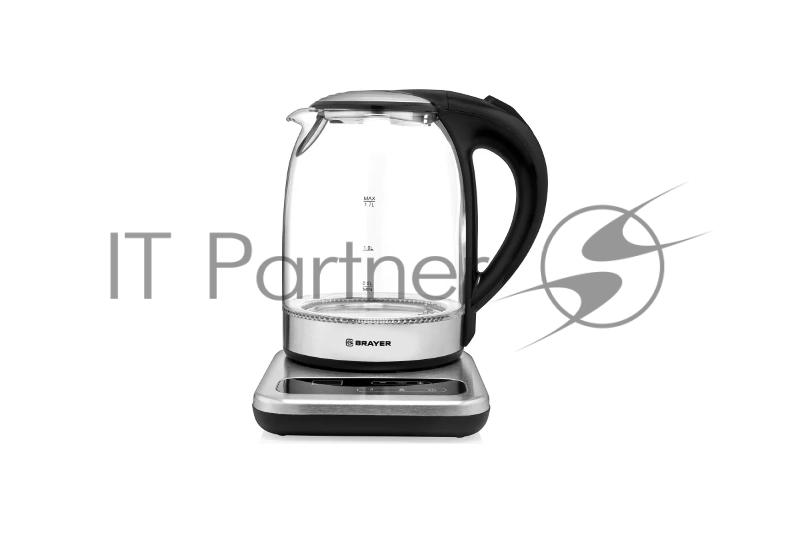 Чайник электрический BRAYER. 2200Вт.1,7 л, стекл., подст. 40-100 °С, Под. t, подсветка, черн.