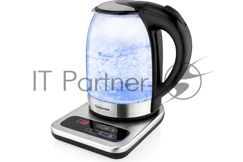 Чайник электрический BRAYER. 2200Вт.1,7 л, стекл., подст. 40-100 °С, Под. t, подсветка, черн.