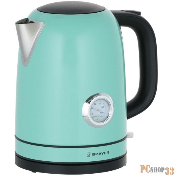 Чайник электрический BRAYER. 2200Вт.1,7 л, STRIX, сталь окраш, термометр, зелен.