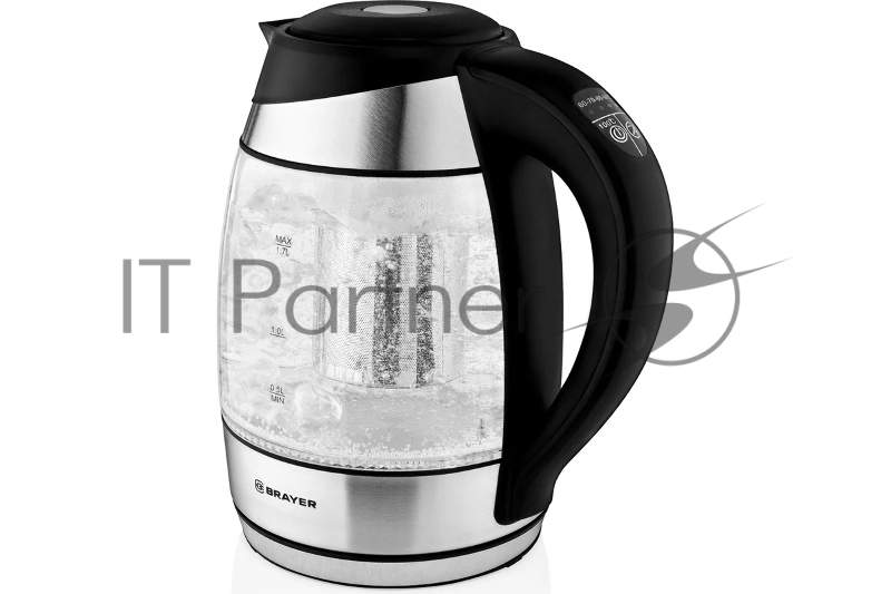 Чайник электрический BRAYER. 2200Вт.1,7 л, стекло, эл.уп, 60-100 °С, Под. t, подсветка, черн.