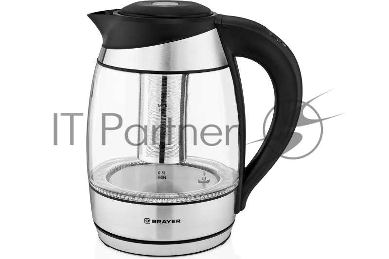 Чайник электрический BRAYER. 2200Вт.1,7 л, стекло, эл.уп, 60-100 °С, Под. t, подсветка, черн.