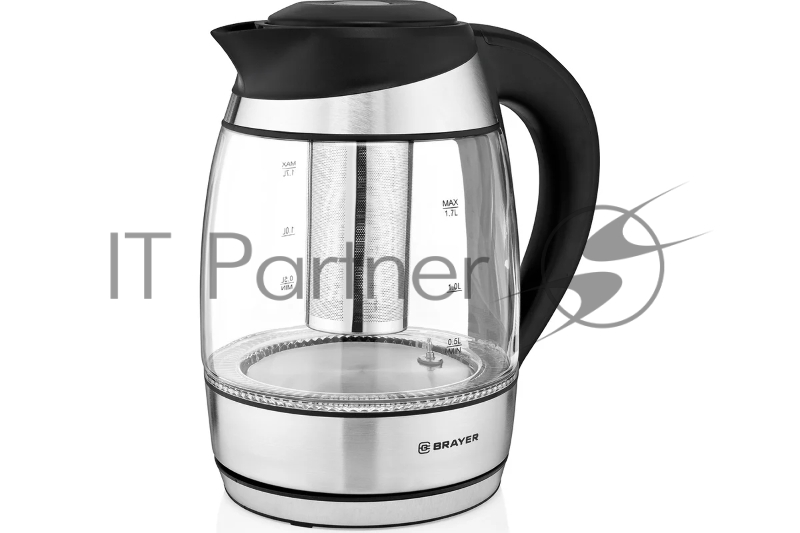 Чайник электрический BRAYER. 2200Вт.1,7 л, стекло, эл.уп, 60-100 °С, Под. t, подсветка, черн.