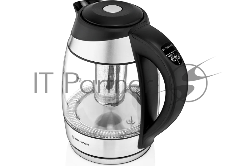 Чайник электрический BRAYER. 2200Вт.1,7 л, стекло, эл.уп, 60-100 °С, Под. t, подсветка, черн.