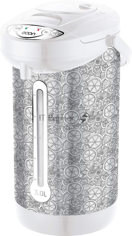 Термопот econ ECO-301TP электрический, Мощность 600Вт, Объем 3 литра, Способ подачи воды - механический, электрический, касанием чашкой, Защита от перегрева, Защита от перепада напряжения, Функция повторного кипячения.
