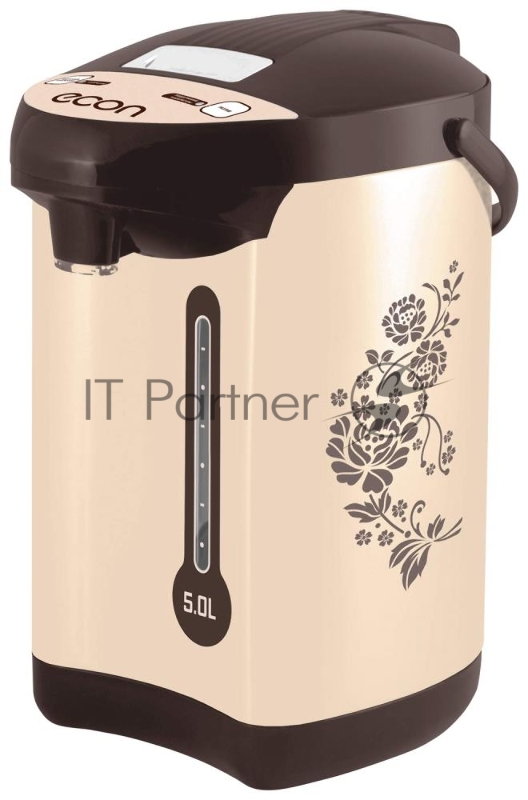 Термопот econ ECO-502TP электрический, Мощность 750Вт, Объем 5 литров, Способ подачи воды - механический, электрический, касанием чашкой, Защита от перегрева, Защита от перепада напряжения, Функция повторного кипячения.