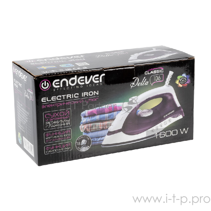 Утюг ENDEVER Delta 106 Мощность (Вт)1600.Объем резервуара для воды 80 мл.Подошва тефлоновая.