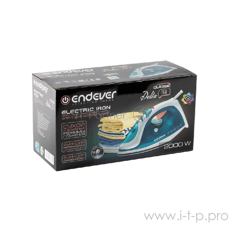 Утюг ENDEVER Delta114 Мощность (Вт) 2000.Объем резервуара для воды 250 мл.Подошва керамическая.