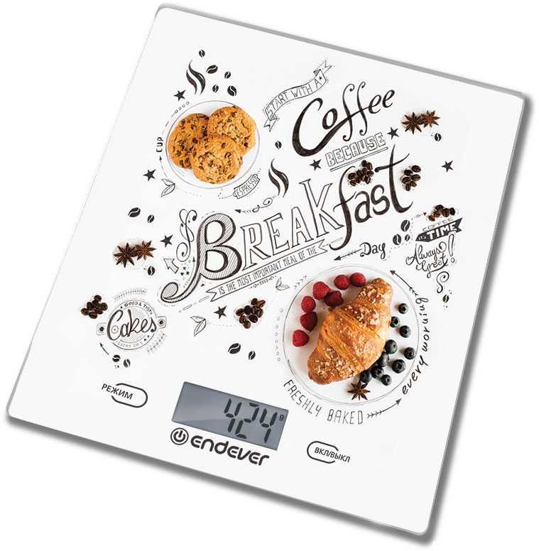 Весы кухонные электронные Endever Chief-503, рисунок Завтрак, вес от 2 г до 5 кг, закаленное стекло, автовыключение
