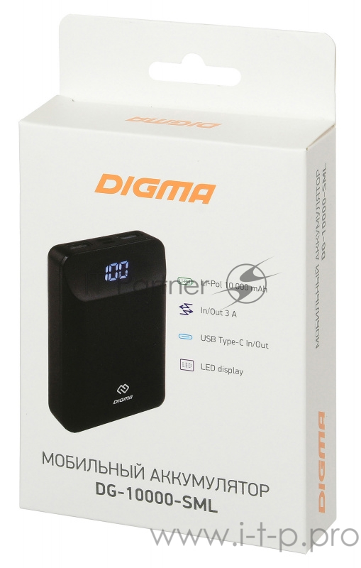 Мобильный аккумулятор Digma DG-10000-SML-B Li-Pol 10000mAh 3A+3A черный 2xUSB