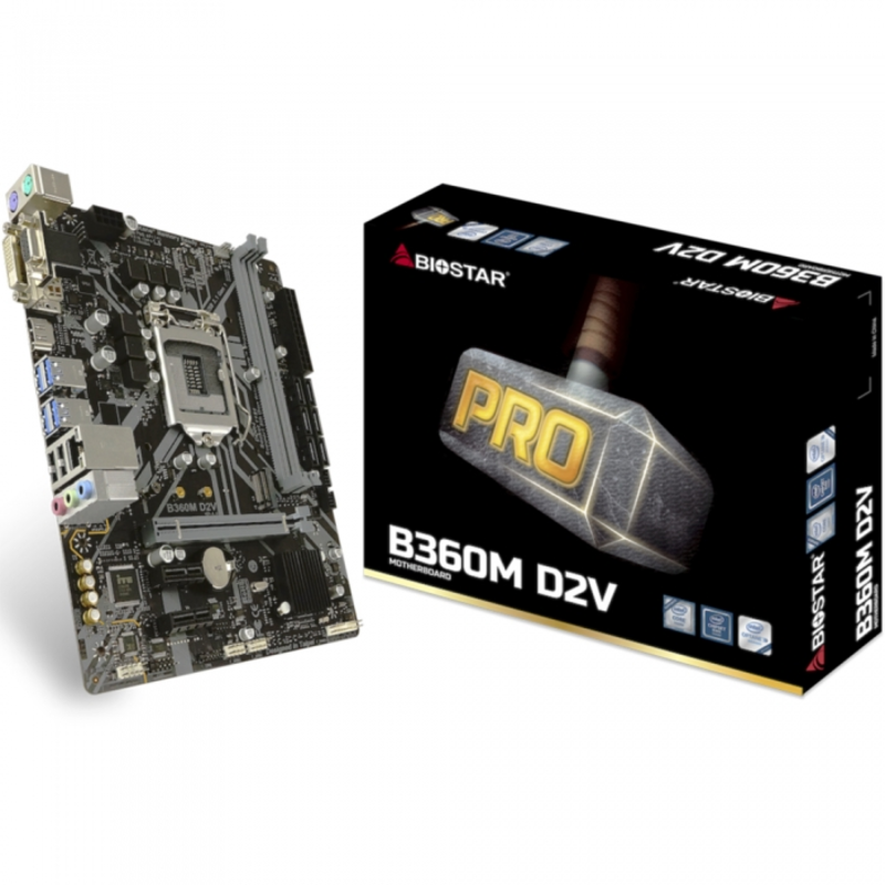 Материнские платы BIOSTAR B360M D2V, Socket 1151, Intel®B360, 2xDDR4-2666, D-SUB+DVI-D+HDMI, 1xPCI-Ex16, 2xPCI-Ex1, 6xSATA3, 1xM.2, 8 Ch Audio, GLan,