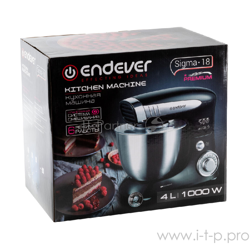 Миксер стационарный Endever Sigma-18, 1000 Вт., планетарный, многофункциональный, стальная чаша 4 л., регулировка скорости, черный