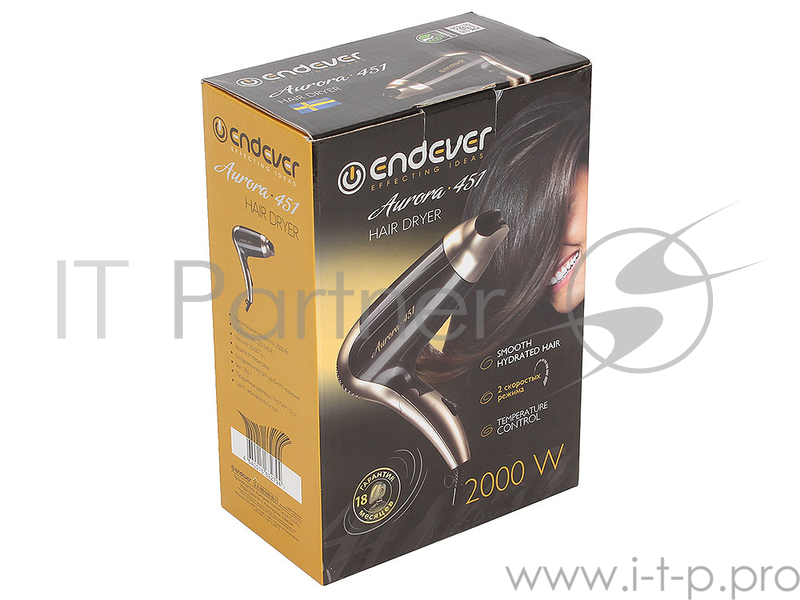 Фен Endever Aurora 451, Мощность 2000 Вт, 2 режима мощности, защита от перегрева, складная ручка