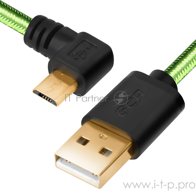 Greenconnect Кабель micro USB 2.0 0.3m угловой, зеленый, черные коннекторы, нейлон, ультрагибкий, позолоченные контакты, 28/28 AWG, AM / microB 5pin GCR-UA12AMCB6-BB2SG-0.3m, экран, армированный, морозостойкий Greenconnect Кабель micro USB 2.0 0.3m