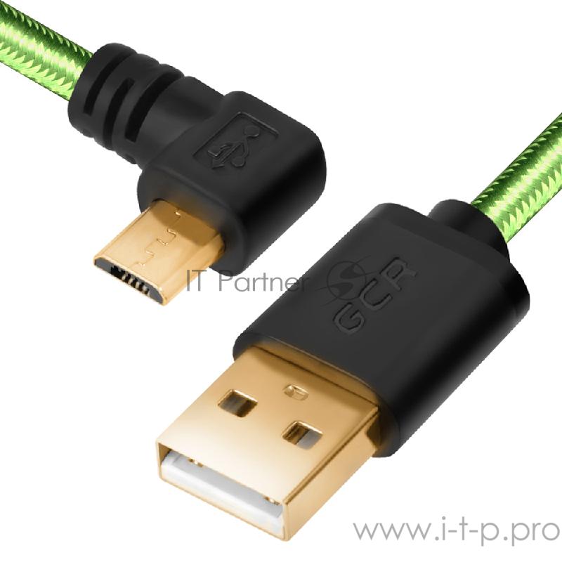 Greenconnect Кабель micro USB 2.0 1.0m угловой, зеленый, черные коннекторы, нейлон, ультрагибкий, позолоченные контакты, 28/28 AWG, AM / microB 5pin GCR-UA12AMCB6-BB2SG-1.0m, экран, армированный, морозостойкий Greenconnect Кабель micro USB 2.0 1.0m