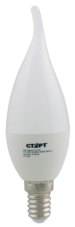 Светодиодная лампа СТАРТ LEDFlameE14 7W 27 теплый 2700К, 220В, 240º, 560Лм