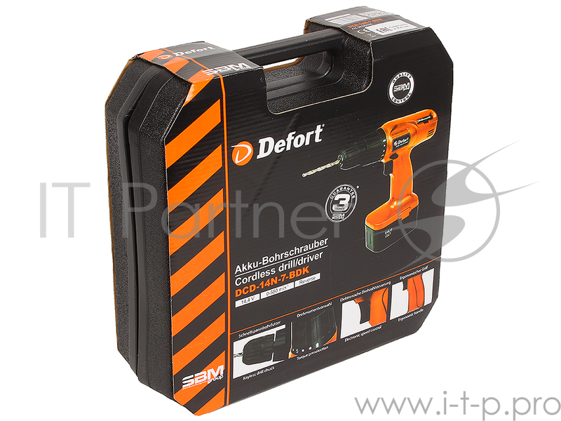 Дрель-шуруповерт аккумуляторная Defort DCD-14N-7-BDK (аккумулятор 14,4В крутящий момент 15Nm скорость вращения 0-550об/мин набор аксессуаров 16шт)