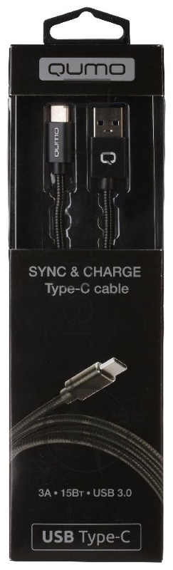 Кабель Qumo Type-С кабель, 1м, USB 3.0, 5В, 3А, 15Вт, металлическая оплетка, металлический коннектор, черный