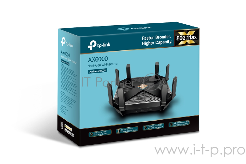 Беспроводный двухдиапазонный маршрутизатор TP-Link Archer AX6000, 5952Мбит/с (5 ГГц до 4804 Мбит/с + 2,4 ГГц: до 1148Мбит/с), 1x WAN 2,5 Гбит/с, 8x LAN 1000 Мбит/с, 1x USB-A 3.0 + 1x USB-C 3.0, 8 внешних антенн