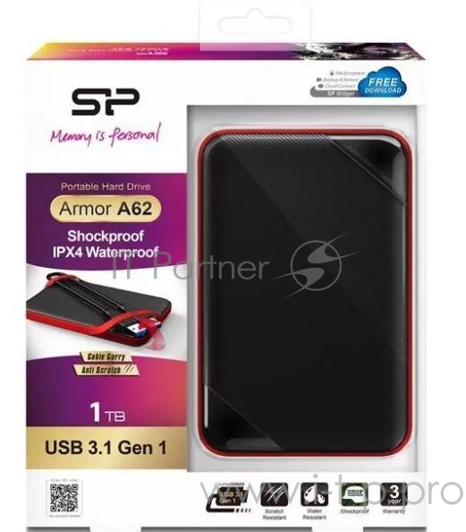 External HDD 2.5 1.0Tb Silicon Power Armor A62 <SP010TBPHD62SS3K> черный (USB3.1, прорезиненный, противоударный MIL-STD-810G, водонепроницаемый IPX4, держатель кабеля)