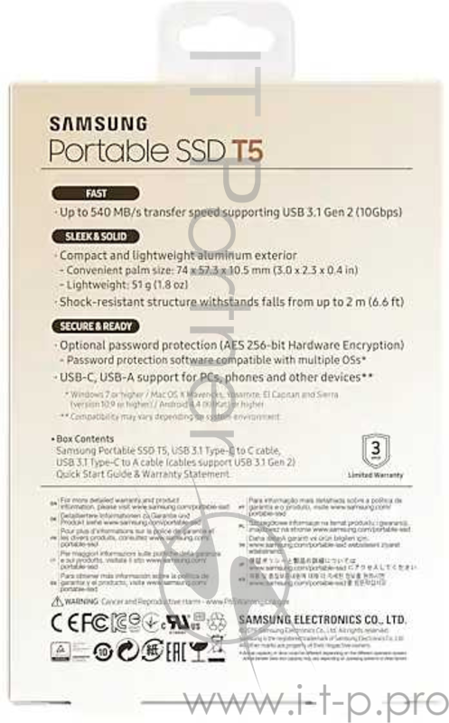 1.8 500GB Samsung T5 External SSD MU-PA500G/WW USB 3.1 Gen 2 Type-C, Up to 540MB/s, Rose Gold, Retail