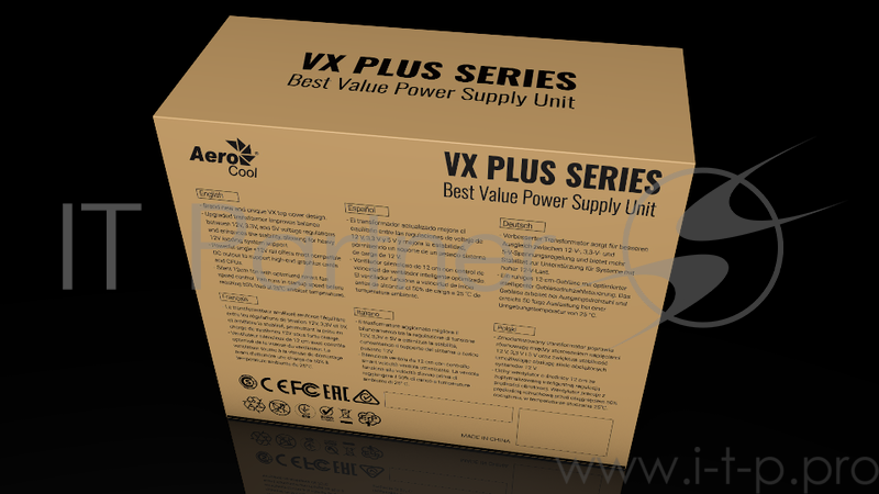 Блок питания Aerocool 750W Retail VX PLUS 750 RGB , подсветка, ATXv2.3 Haswell, fan 12cm, 500mm cable, power cord, PCIe 6+2P x2, SATA x6, PATA x3, FDD