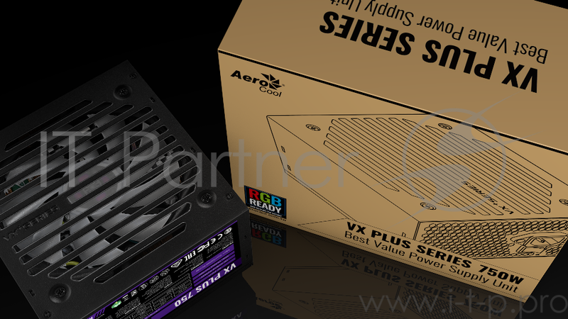 Блок питания Aerocool 750W Retail VX PLUS 750 RGB , подсветка, ATXv2.3 Haswell, fan 12cm, 500mm cable, power cord, PCIe 6+2P x2, SATA x6, PATA x3, FDD