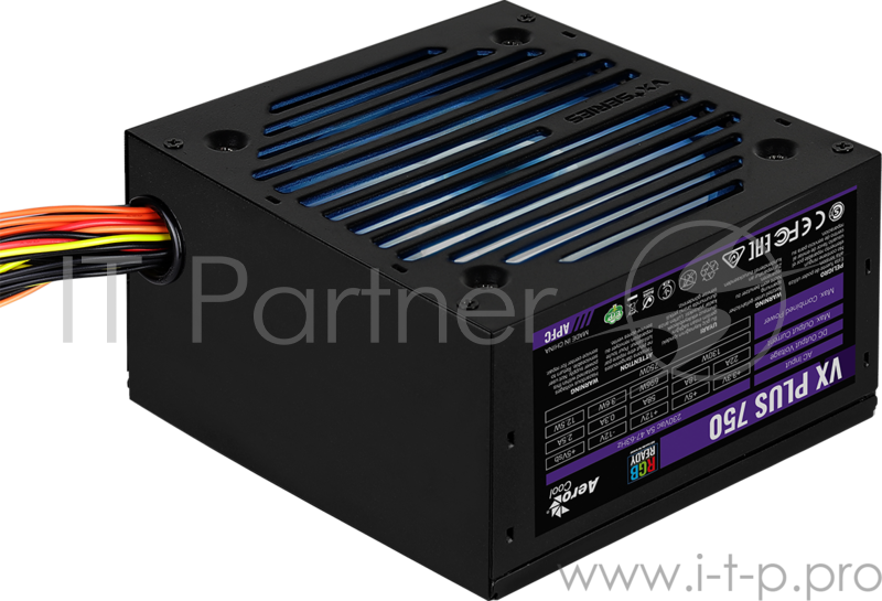 Блок питания Aerocool 750W Retail VX PLUS 750 RGB , подсветка, ATXv2.3 Haswell, fan 12cm, 500mm cable, power cord, PCIe 6+2P x2, SATA x6, PATA x3, FDD