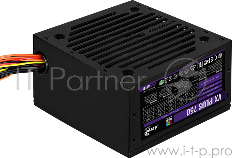 Блок питания Aerocool 750W Retail VX PLUS 750 RGB , подсветка, ATXv2.3 Haswell, fan 12cm, 500mm cable, power cord, PCIe 6+2P x2, SATA x6, PATA x3, FDD