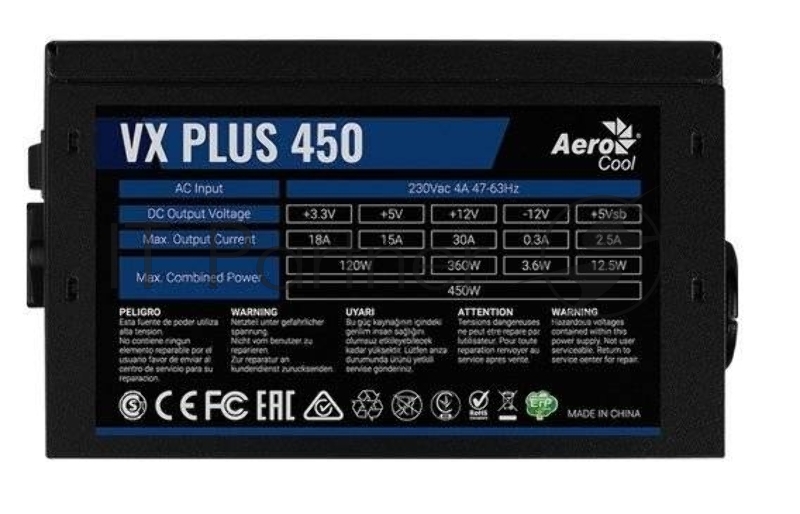 Блок питания Aerocool VX PLUS 450 <450W, (20+4+4+4) pin, (6+2) pin, 2xSATA, 2xMolex, FDD, 12 см, кабель питания, ATX> RT