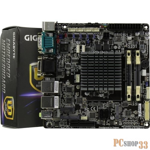 Материнская плата Gigabyte с интегрированным процессором GA-IMB1900N, Intel® Quad-Core Celeron®J1900 (2.42 GHz), 2xDDR3-1333 SO-DIMM, D-SUB+HDMI+LVDS, 1xPCIex1, 1xMiniPCIex1, 2xSATA3, 1xM.2, 5 Ch Audio, 2xGLan, (0+4)xUSB2.0, (4+0)xUSB3.0, 6xCOM, Mini