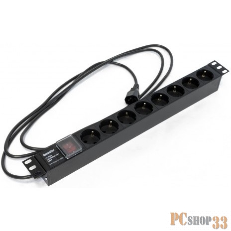 Hyperline SHE19-8SH-S-2.5IEC Блок розеток для 19 шкафов, горизонтальный, с выключателем с подсветкой, 8 розеток Schuko (10A), 250В, кабель питания 3х1.0мм2, длина 2.5 м, с вилкой IEC 320 C14, 482.6x4