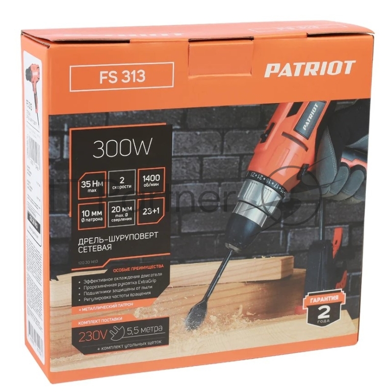 Дрель-шуруповерт PATRIOT FS 313 сетевая 2 скор. 300Вт макс. крутящий момент 35 нм БЗП
