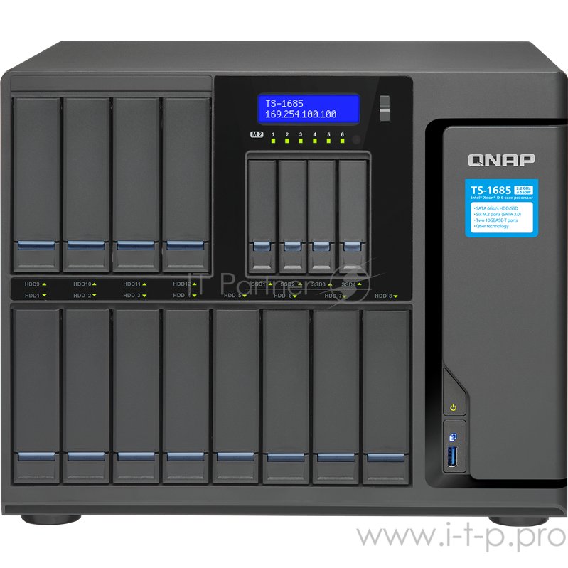 Сетевое хранилище без дисков SMB QNAP TS-1685-D1521-8G NAS, 16-tray w/o HDD (12 x 2.5/3.5 and 4 x 2.5 SSD slot), 6xM.2 Slot, Quad-core Intel Xeon D-1521 2.4 GHz, 8GB RAM (4GB UDIMM x 2) up to 128GB (32GBx4), 2x10 GbE 10GBASE-T, 4xGbE LAN, 3xUSB, 3xPC